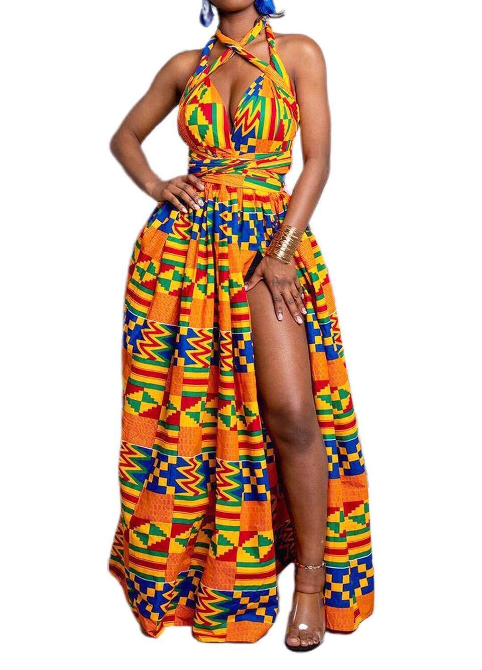 5557 Africa Print Dress Side Slit Long Maxi Bohemian High Waist Dresses